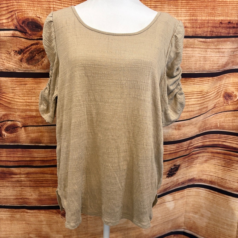 Max Studio Womens Tan Seer Sucker Gathered‎ Short Sleeve Top Size XL